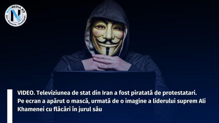 VIDEO. Televiziunea de stat din Iran a fost piratată de protestatari. Pe ecran a apărut o mască, urmată de o imagine a liderului suprem Ali Khamenei cu flăcări în jurul său