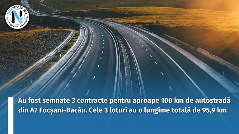 Au fost semnate 3 contracte pentru aproape 100 km de autostradă din A7 Focșani-Bacău. Cele 3 loturi au o lungime totală de 95,9 km