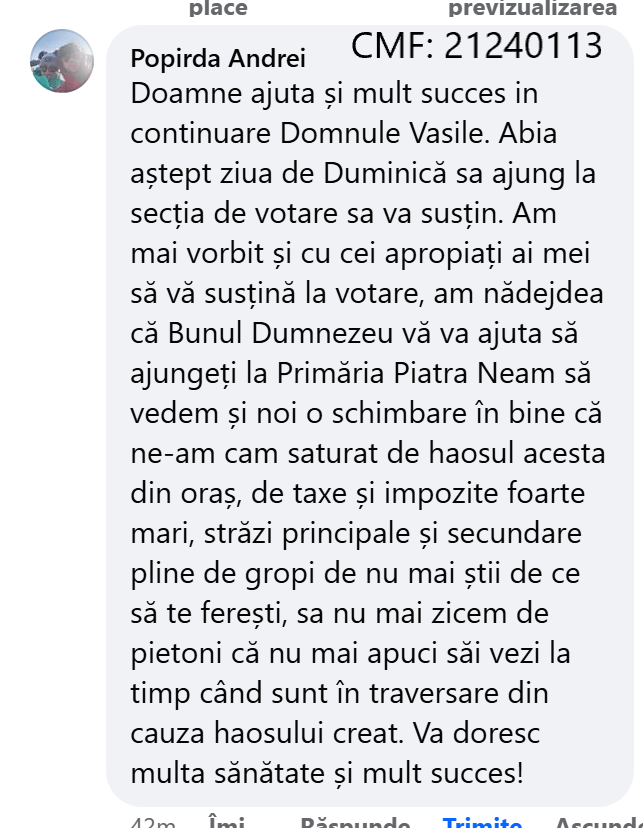 Susținerea publică pentru candidatul Vasile Panaite la Primăria Piatra-Neamț (P)