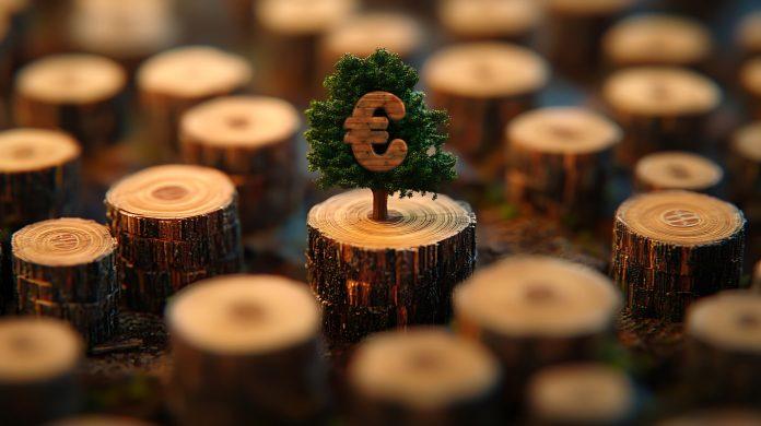 Dollar Sign Tree Growing from Stump Surrounded by Deforestation