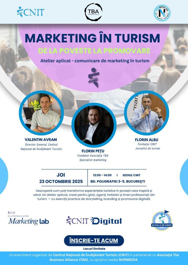 CNIT vă invită la atelierul „Marketing în turism – De la poveste la promovare” un atelier aplicat de comunicare de marketing în turism, în parteneriat cu Asociația The Business Alliance